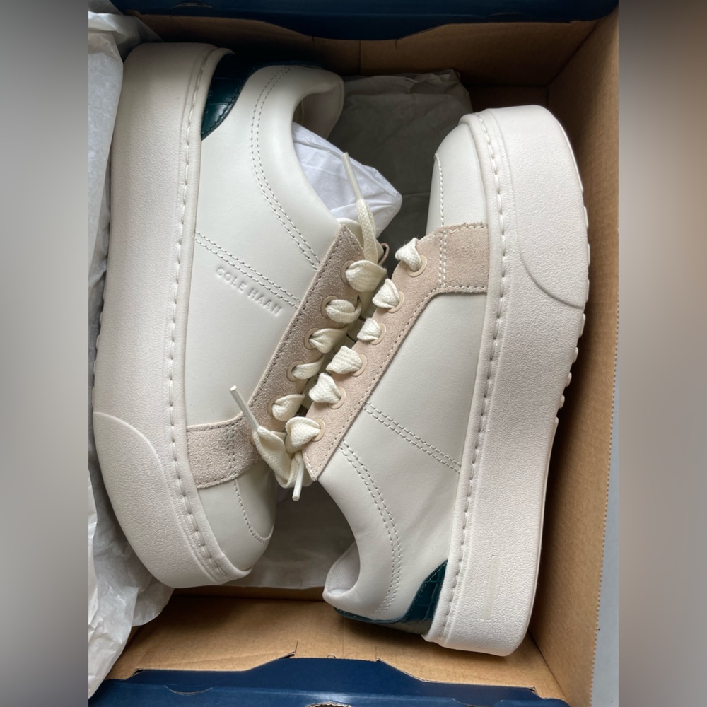 Cole Haan Women’s White Platform Sneakers with Green Heel Tab